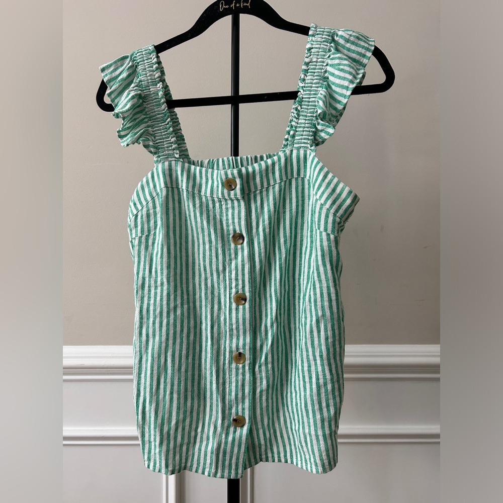 JCREW Womens Linen Button-up Tank Top | Green/White Stripe || Size XS